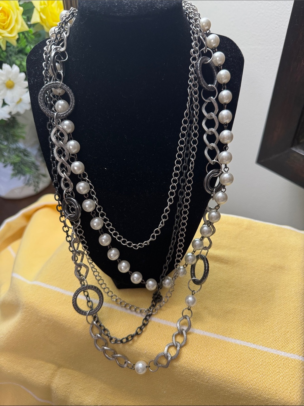 Multi-Strand Pearl & Gunmetal Chain Necklace - Women Jewelry